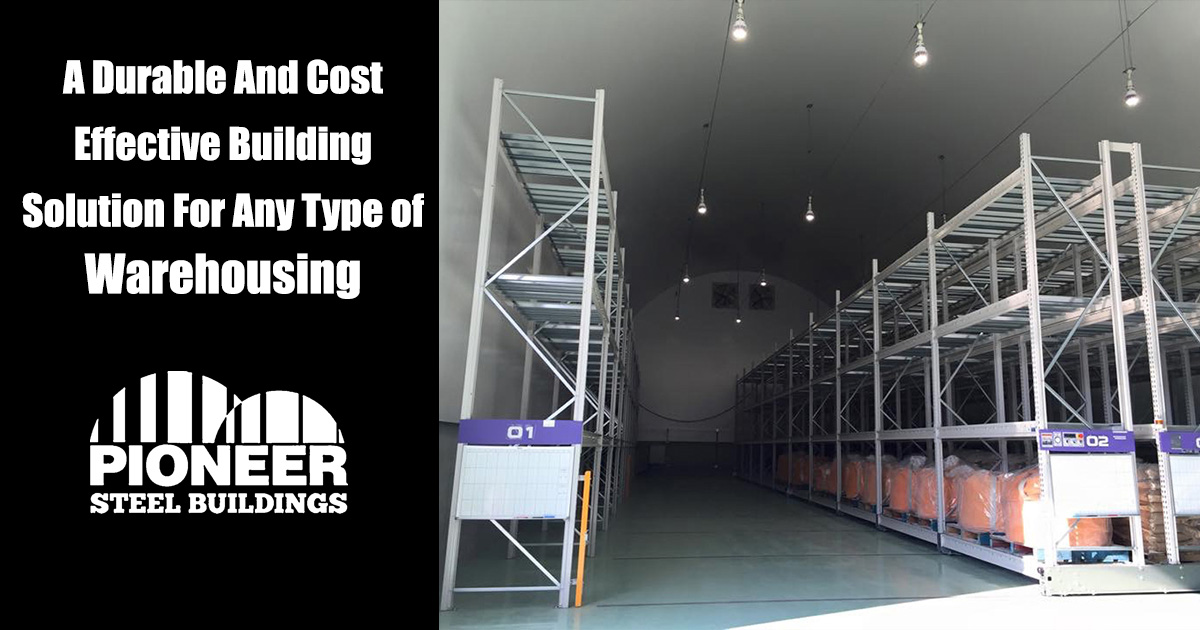 Warehouse shelving inside a Pioneer Steel building