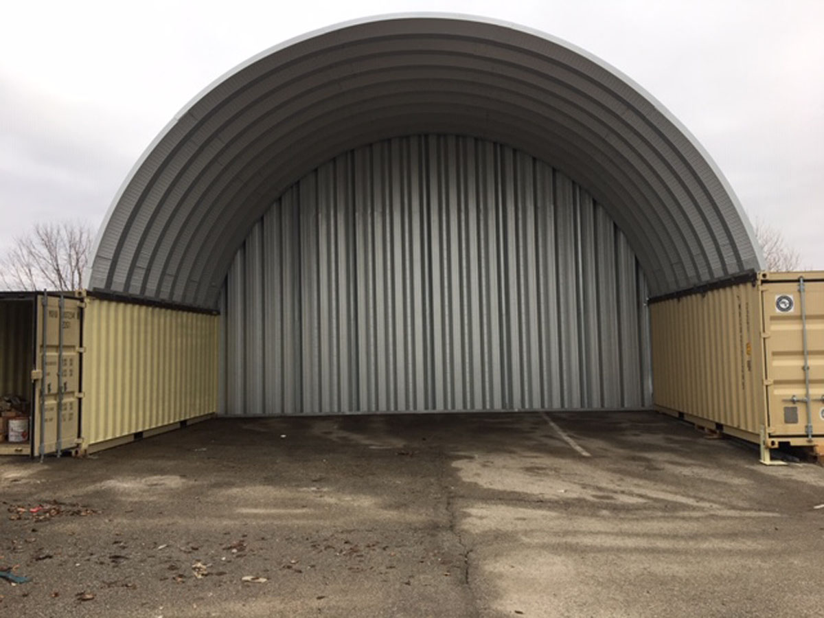 Arch shelter on shipping containers with back endwall
